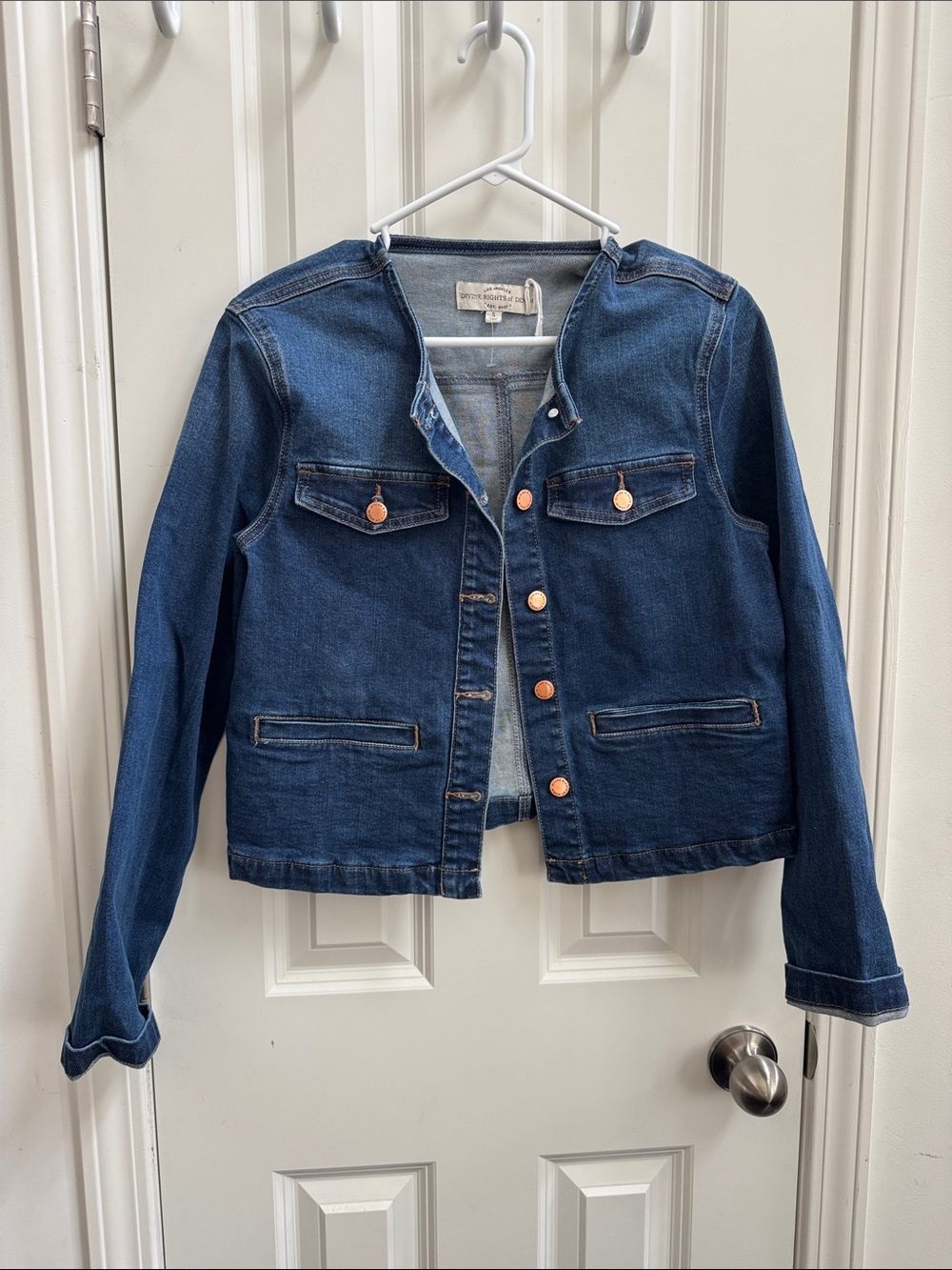Dark Blue Collarless Denim Jacket with Copper Buttons